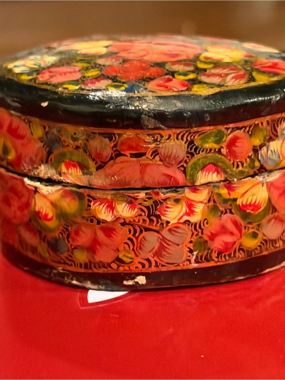 Hand-Painted Floral Round Trinket Box - Red and Gold Floral Design from India.